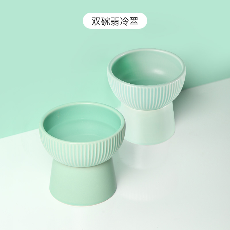 猫碗陶瓷日式双碗猫咪水盆保护颈椎斜口高脚碗猫盆食盆狗碗防打翻